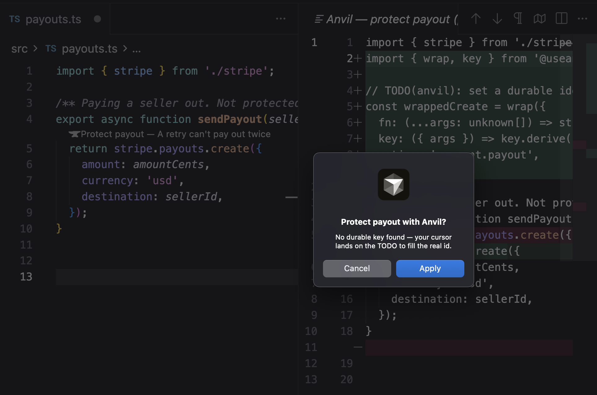 Clicking the lens opens the exact edit side by side and asks before writing anything. Anvil found no id it recognised as a durable key here, so rather than guess it leaves a TODO and lands your cursor on it.